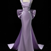 Purple Satin Mermaid Satin Long Party Dress with Bow, Purple Satin Evening Dress Prom Dress - Thumbnail 6