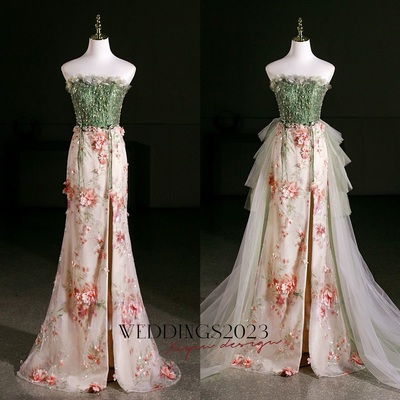 Champagne sequins green tulle strapless prom dress with removed train