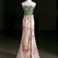 Champagne Sequins Green Tulle Strapless Prom Dress with Removed Train - Thumbnail 1