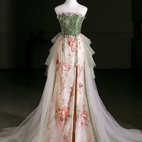 Champagne Sequins Green Tulle Strapless Prom Dress with Removed Train - Thumbnail 2