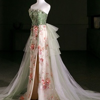 Champagne Sequins Green Tulle Strapless Prom Dress with Removed Train - Thumbnail 3