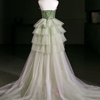 Champagne Sequins Green Tulle Strapless Prom Dress with Removed Train - Thumbnail 5