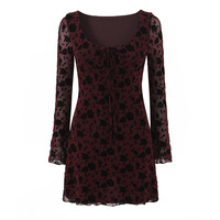 Retro temperament low neck hollow lace up sexy slim short long sleeve dress - Thumbnail 1