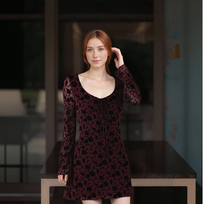 Retro temperament low neck hollow lace up sexy slim short long sleeve dress