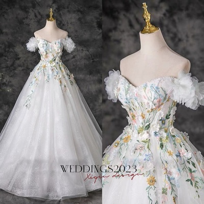Fairytale Multi-Colors Lace Flower Appliques Pearl White Prom Dresses  Ball Gown Off-The-Shoulder Short Sleeve Backless Floor-Length / Long Prom Forma