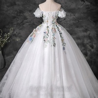 Fairytale Multi-Colors Lace Flower Appliques Pearl White Prom Dresses  Ball Gown Off-The-Shoulder Short Sleeve Backless Floor-Length / Long Prom Forma - Thumbnail 1