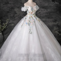 Fairytale Multi-Colors Lace Flower Appliques Pearl White Prom Dresses  Ball Gown Off-The-Shoulder Short Sleeve Backless Floor-Length / Long Prom Forma - Thumbnail 2