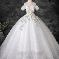 Fairytale Multi-Colors Lace Flower Appliques Pearl White Prom Dresses  Ball Gown Off-The-Shoulder Short Sleeve Backless Floor-Length / Long Prom Forma - Thumbnail 3