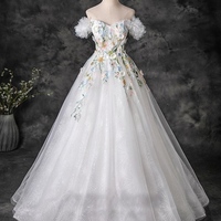Fairytale Multi-Colors Lace Flower Appliques Pearl White Prom Dresses  Ball Gown Off-The-Shoulder Short Sleeve Backless Floor-Length / Long Prom Forma - Thumbnail 4