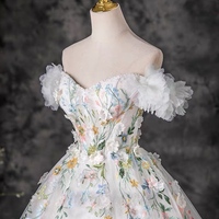 Fairytale Multi-Colors Lace Flower Appliques Pearl White Prom Dresses  Ball Gown Off-The-Shoulder Short Sleeve Backless Floor-Length / Long Prom Forma - Thumbnail 5