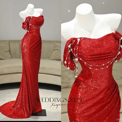 Elegant Red Squeins Off Shoulder Mermaid Floor Length Evening Dress with Pearl Trim