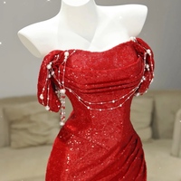 Elegant Red Squeins Off Shoulder Mermaid Floor Length Evening Dress with Pearl Trim - Thumbnail 2