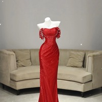 Elegant Red Squeins Off Shoulder Mermaid Floor Length Evening Dress with Pearl Trim - Thumbnail 1