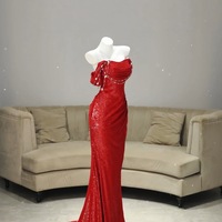 Elegant Red Squeins Off Shoulder Mermaid Floor Length Evening Dress with Pearl Trim - Thumbnail 4