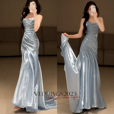 Sliver organza mermaid party dress evening dresses prom dress  shiny a customized