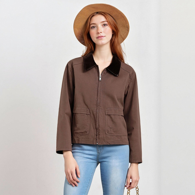Retro colorblock collar lapel zipper long sleeve pocket casual jacket