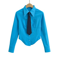 College style POLO collar tie curved hem long sleeve shirt - Thumbnail 2