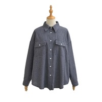 Retro lapel plaid long-sleeved shirt - Thumbnail 1