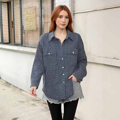 Retro lapel plaid long-sleeved shirt