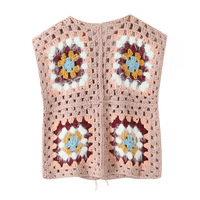 Retro literary romantic grandmother check design crocheted hollow lace knitted vest - Thumbnail 1