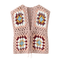Retro literary romantic grandmother check design crocheted hollow lace knitted vest - Thumbnail 2