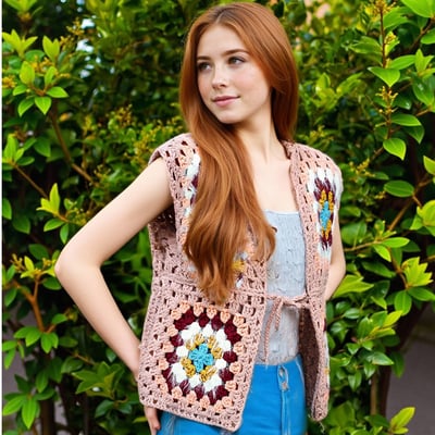 Retro literary romantic grandmother check design crocheted hollow lace knitted vest