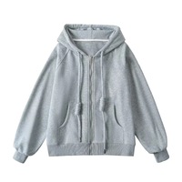 Thin Loose Thick Drawstring Hooded Sweatshirt Pocket Zipper Cardigan Solid Color Jacket - Thumbnail 3
