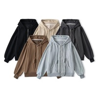 Thin Loose Thick Drawstring Hooded Sweatshirt Pocket Zipper Cardigan Solid Color Jacket - Thumbnail 2