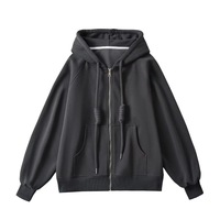Thin Loose Thick Drawstring Hooded Sweatshirt Pocket Zipper Cardigan Solid Color Jacket - Thumbnail 4