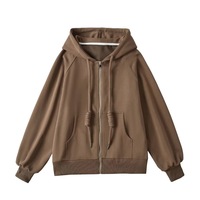 Thin Loose Thick Drawstring Hooded Sweatshirt Pocket Zipper Cardigan Solid Color Jacket - Thumbnail 6