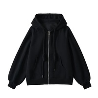 Thin Loose Thick Drawstring Hooded Sweatshirt Pocket Zipper Cardigan Solid Color Jacket - Thumbnail 7