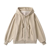 Thin Loose Thick Drawstring Hooded Sweatshirt Pocket Zipper Cardigan Solid Color Jacket - Thumbnail 1