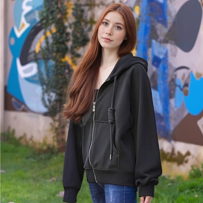 Thin loose thick drawstring hooded sweatshirt pocket zipper cardigan solid color jacket