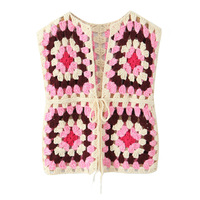 Retro literary romantic grandmother check design crocheted hollow lace knitted vest - Thumbnail 1