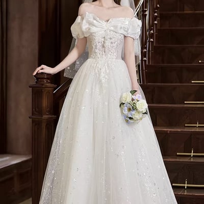 White tulle lace long a-line prom party dress - Thumbnail 1