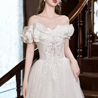 White Tulle Lace Long A-Line Prom Party Dress - Thumbnail 1