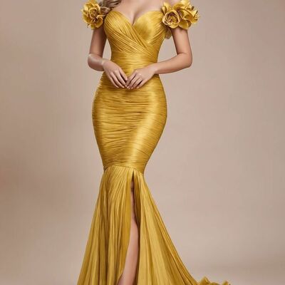 Yellow mermaid off the shoulder handmade flowers prom dress evening formal gown birthday party gown