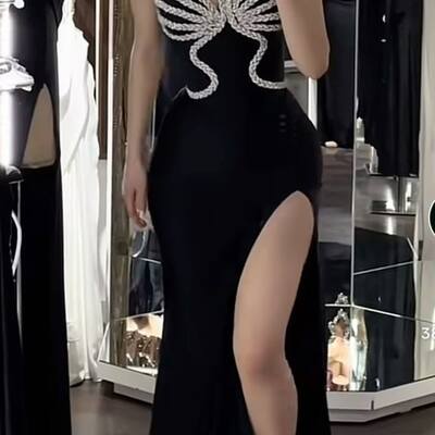 Black mermaid prom dress evening formal gown long sleeve birthday party dress