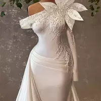 Mermaid Wedding Dress for African Brides Sexy Slim-Fit Beaded Big Flower Bridal Gown with Detachable Train robe de mariee Satin Boho Wedding dress - Thumbnail 1