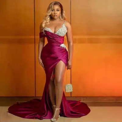 Rose pink mermaid evening dresses with detachable train elegant off shoulder beads sequins side split celebrity gowns sexy special occasion