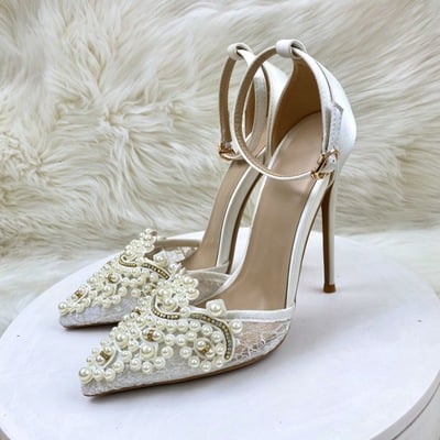 12cm pointed toe rhinestone lace buckle sandals for women
