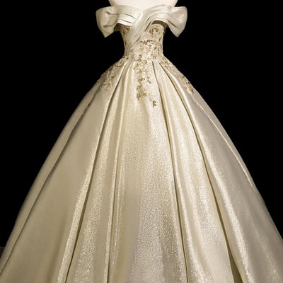 Gold satin beads long a-line prom party dress - Thumbnail 1