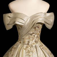 Gold Satin Beads Long A-Line Prom Party Dress - Thumbnail 1