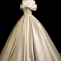 Gold Satin Beads Long A-Line Prom Party Dress - Thumbnail 2