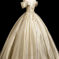 Gold Satin Beads Long A-Line Prom Party Dress - Thumbnail 3