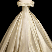 Gold Satin Beads Long A-Line Prom Party Dress - Thumbnail 4