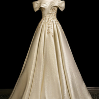 Gold Satin Beads Long A-Line Prom Party Dress - Thumbnail 5