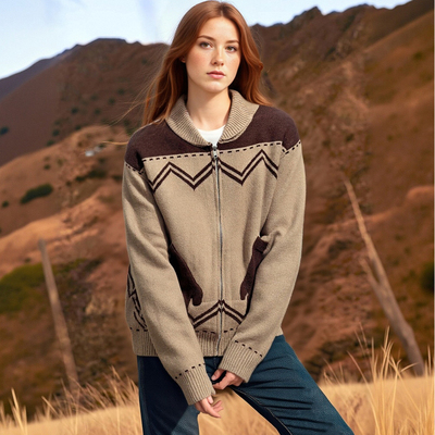 Creative and interesting jacquard brown cardigan knitted jacket loose casual sweater