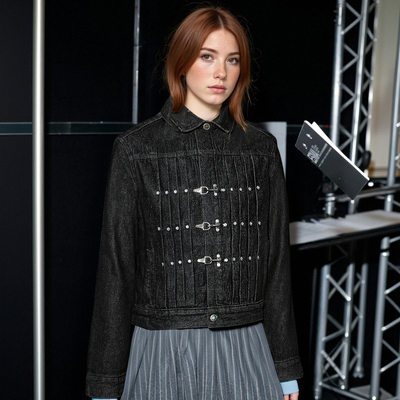 Retro high-end hardware decoration pleated denim jacket loose casual jacket