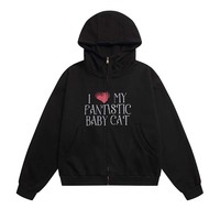 Retro Letter Heart Print Turtleneck Cardigan Hoodie - Thumbnail 2